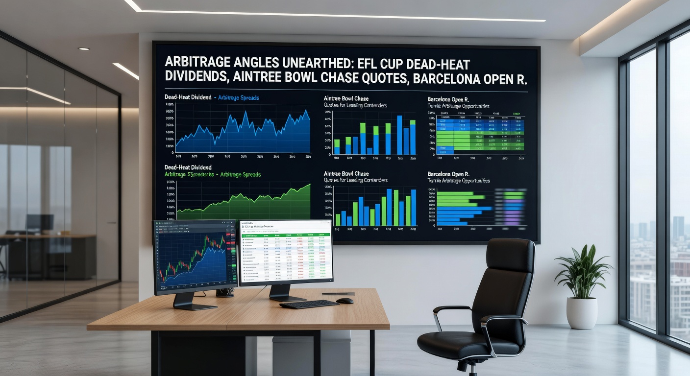Tennis court at Barcelona Open with player returning serve, digital overlay of game lines and arbitrage calculators