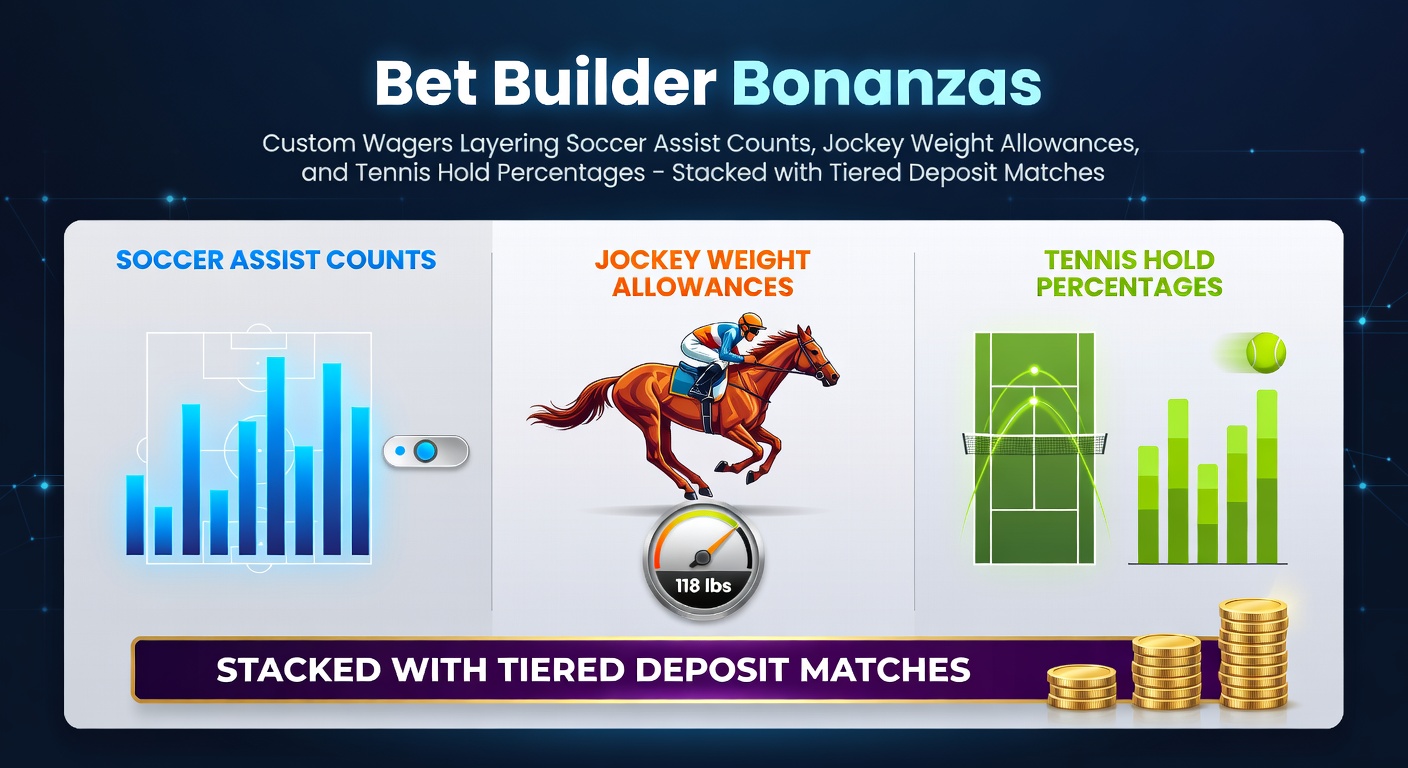 Custom bet builder interface showing layered soccer assists, horse racing jockey weights, and tennis hold stats on a betting app screen