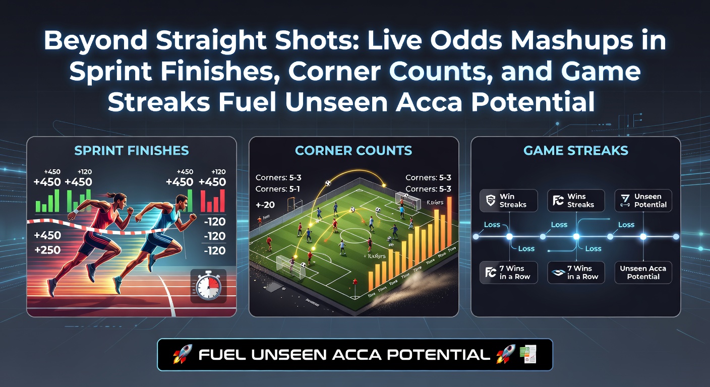 Dynamic live odds display showing sprint finishes, football corners, and tennis game streaks in an accumulator bet setup