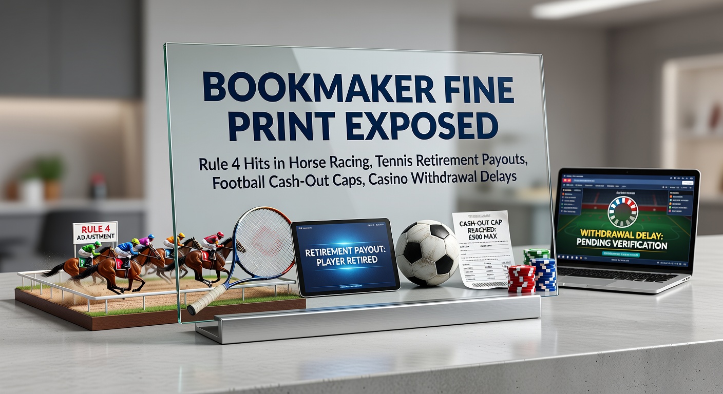 Close-up of a horse racing form guide highlighting Rule 4 deductions alongside tennis court and football pitch icons, symbolizing hidden betting clauses