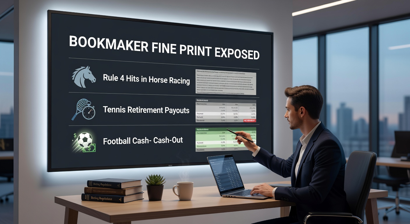 Split image showing a tennis player retiring on court, a football cash-out button with cap warning, and a casino withdrawal pending screen, exposing fine print pitfalls