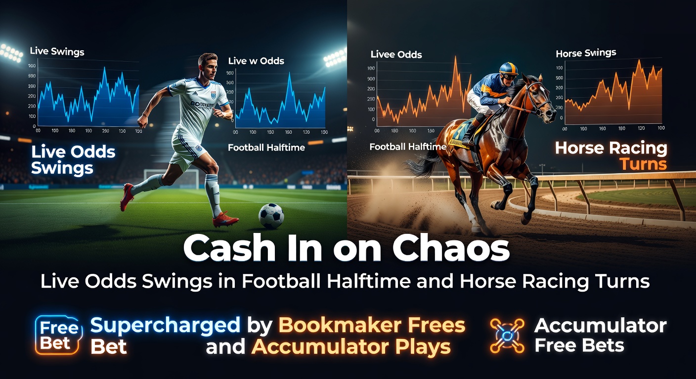Dynamic graph showing live odds fluctuations during a football halftime and a horse racing turn, with overlaid bookmaker free bet icons and accumulator chains
