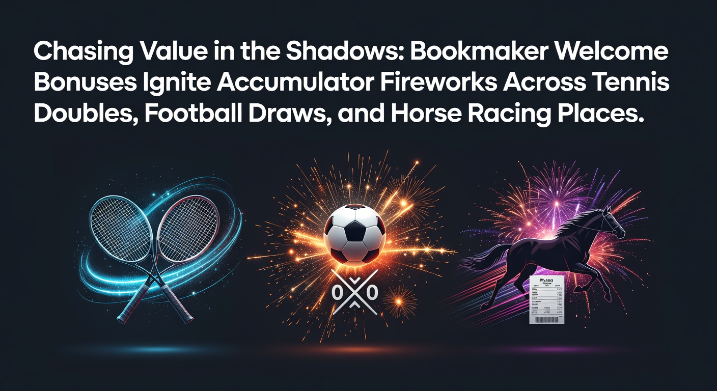 Bettors analyzing accumulator bets on tennis doubles, football draws, and horse racing places, enhanced by bookmaker welcome bonuses
