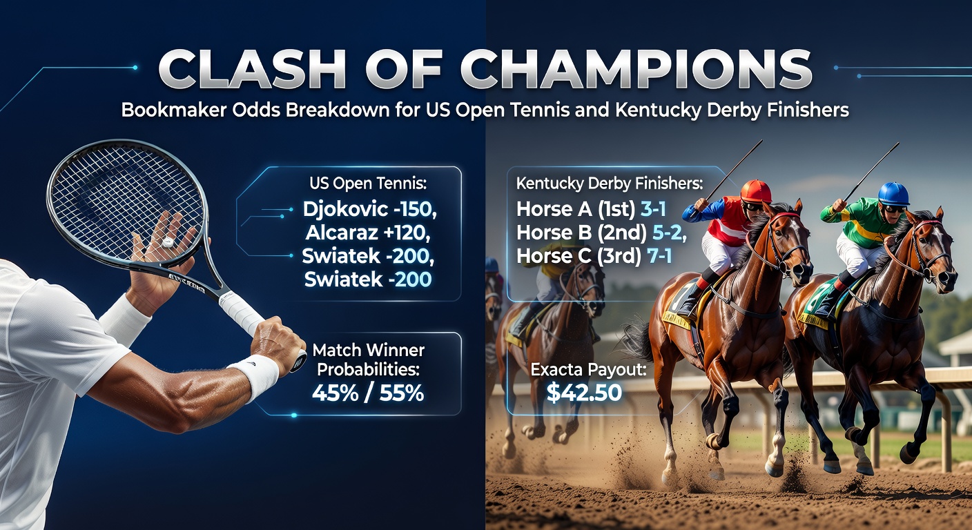 Vibrant scene capturing the intensity of US Open tennis courtside action alongside thundering Kentucky Derby horses crossing the finish line, highlighting bookmaker odds displays in the background