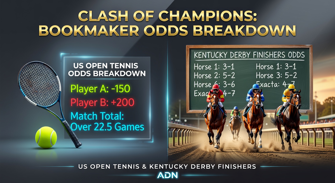 Split-view graphic comparing bookmaker odds boards for a Kentucky Derby photo finish and a tense US Open tiebreak, with overlaid charts showing payout trends for top finishers