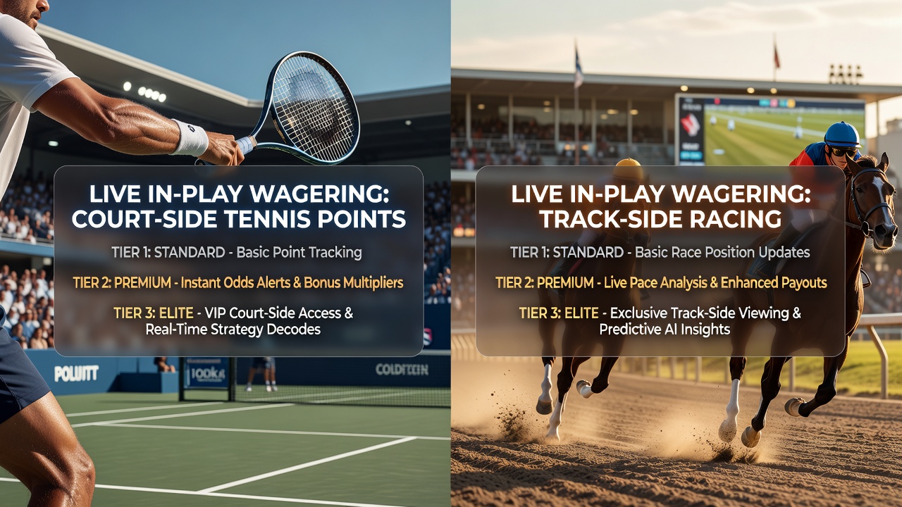 Track-side view of horse racing in-play odds interface with loyalty tier indicators for position markets
