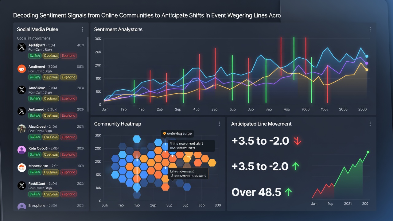 Dashboard showing real-time sentiment metrics from multiple online communities influencing wagering lines