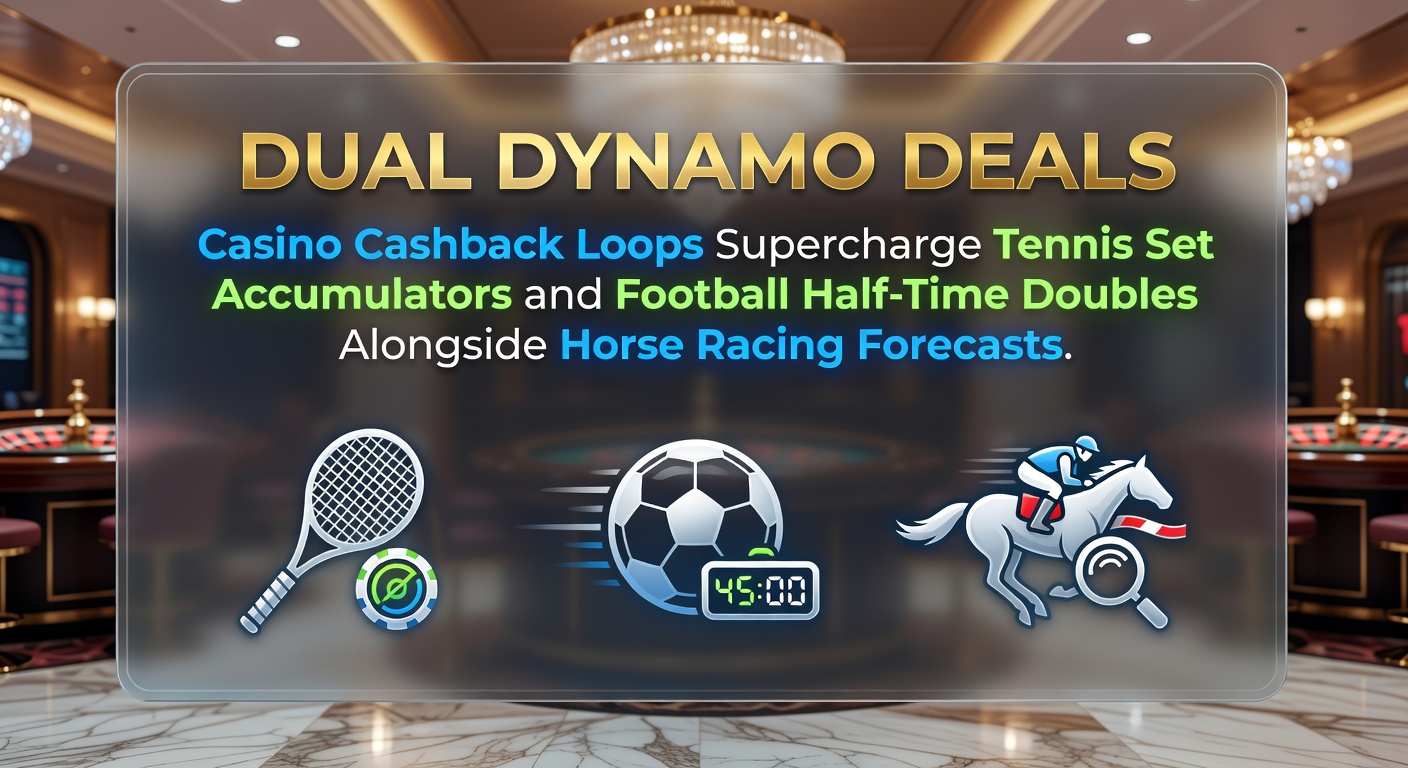 Dynamic illustration of casino cashback cycles fueling tennis, football, and horse racing betting accumulators with looping arrows and odds displays