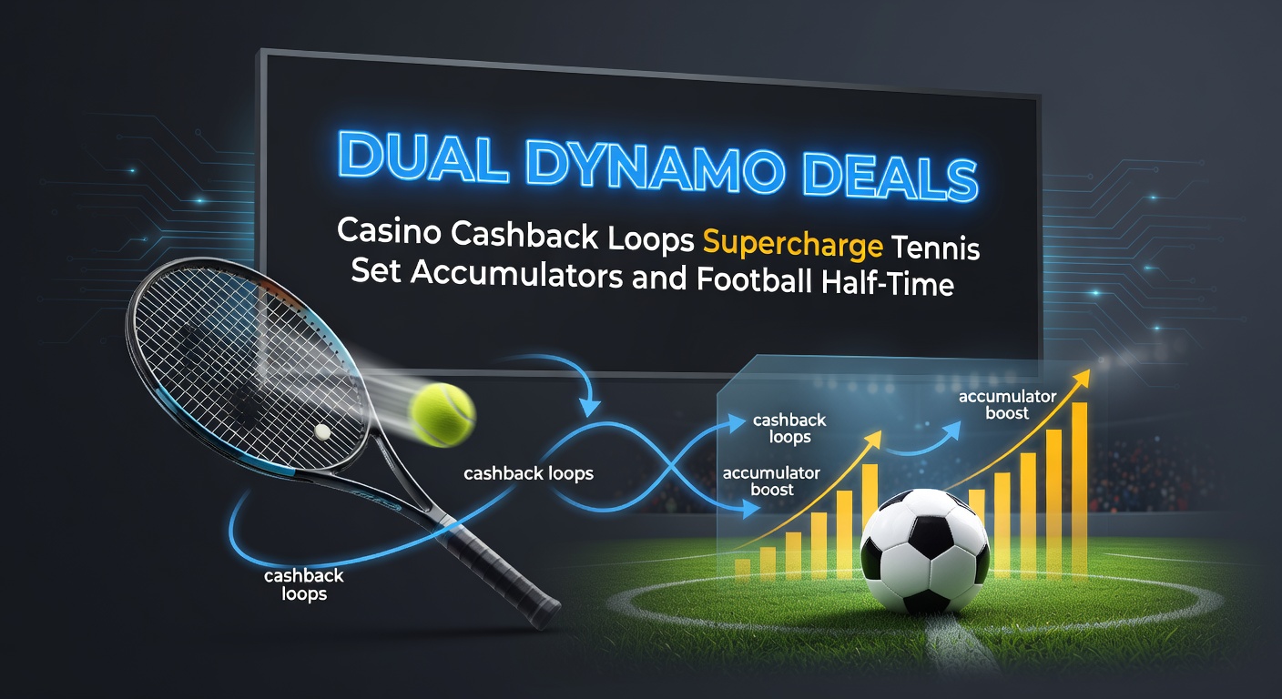 Split-view graphic depicting tennis court sets, football halftime scoreboard, and horse racing track with overlaid cashback rebate icons and accumulator chains