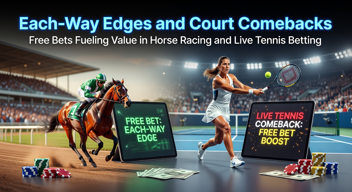 Horse racing each-way betting action at a major festival, with punters checking odds on large screens while horses thunder down the track