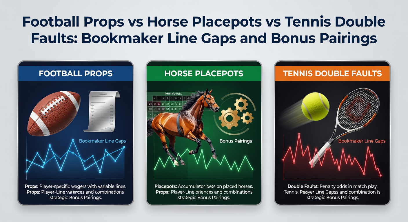 Comparative chart of bookmaker odds lines for football player props, horse placepot pools, and tennis double fault totals highlighting key discrepancies