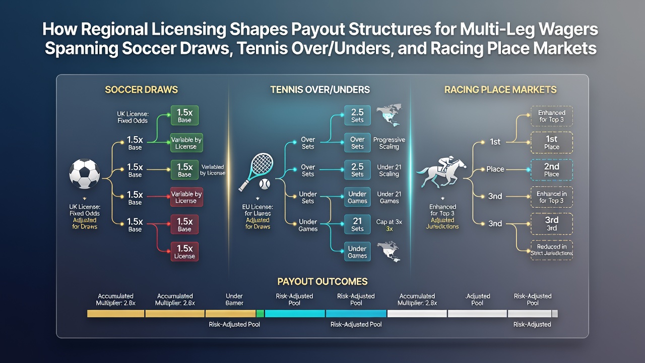 Regional licensing documents and betting payout charts displayed on a desk with soccer, tennis, and racing icons