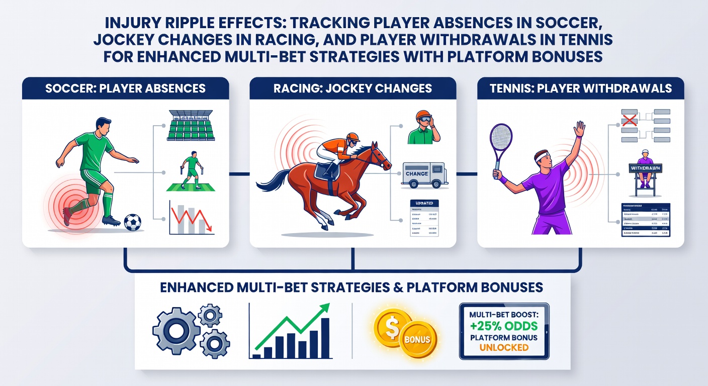 Soccer pitch with highlighted player absence data overlay alongside racing form guides and tennis match statistics
