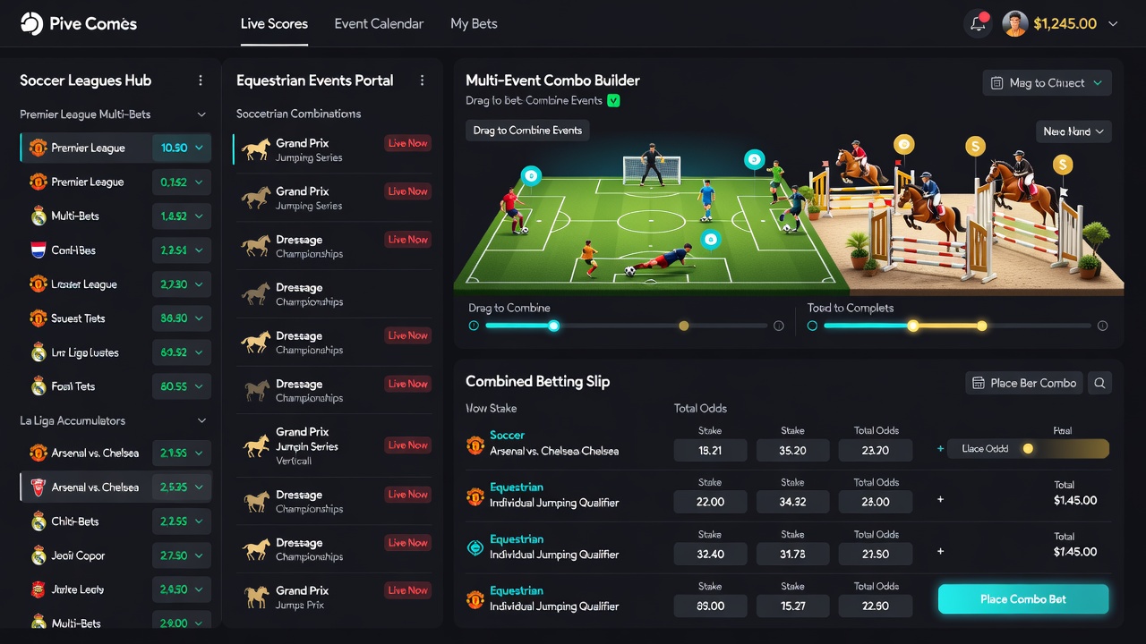 Close-up view of a multi-sport accumulator builder with soccer, equestrian, and tennis selections