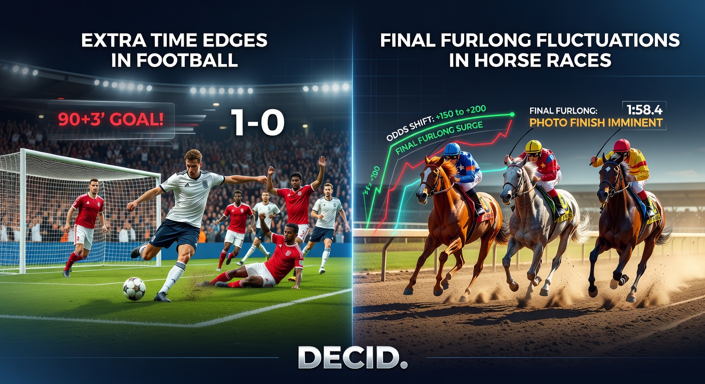 Horse racing pack surging in the final furlong with jockeys urging mounts forward amid crowd cheers