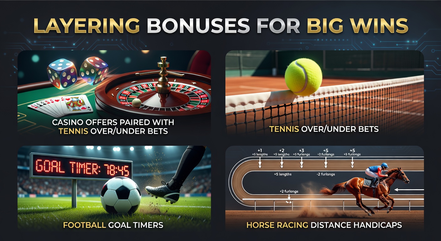 Visual representation of layered casino bonuses boosting tennis over/under lines, football goal timing charts, and horse racing distance handicap grids