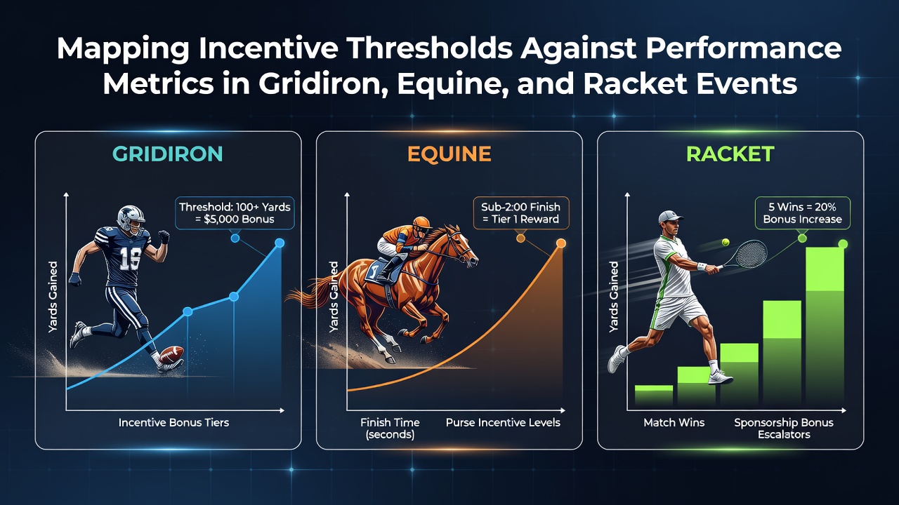 Performance data charts showing incentive thresholds mapped to metrics across American football, horse racing, and tennis events
