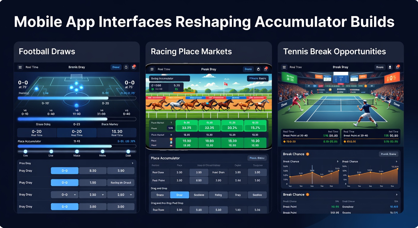 Mobile betting app interface showing accumulator builder with football draw selections, racing place markets, and tennis break opportunities highlighted in real time