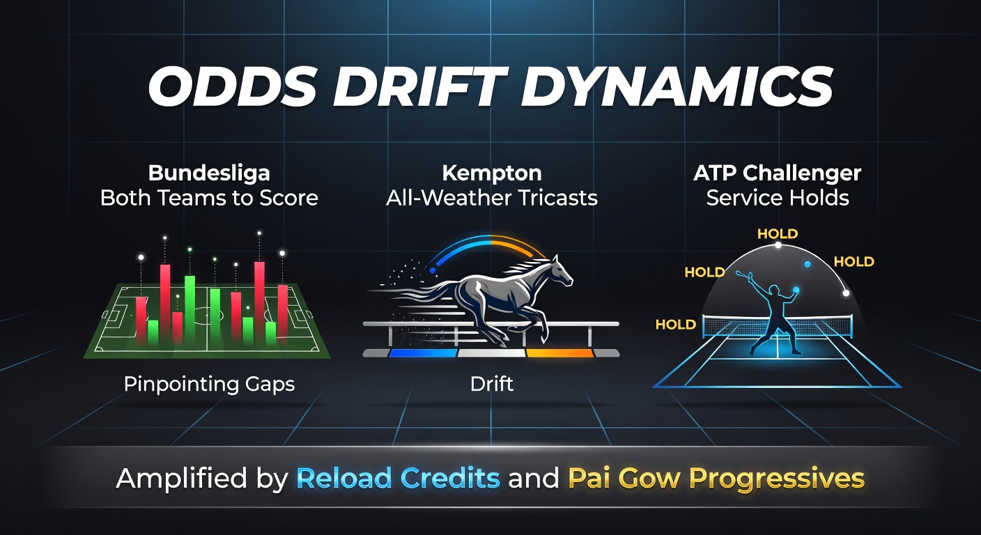 Graph showing odds drift patterns in Bundesliga BTTS markets overlaid with Kempton tricast fluctuations and ATP service hold lines