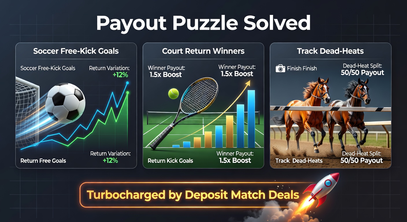 Digital display showing varying bookmaker odds for a soccer free-kick goal bet alongside tennis return stats and horse racing dead-heat payouts