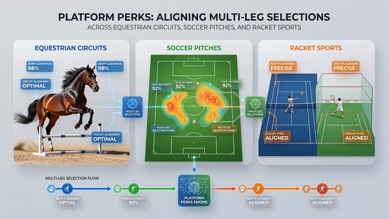 Split-screen view of equestrian race, soccer pitch action, and tennis court with overlaid betting slip elements