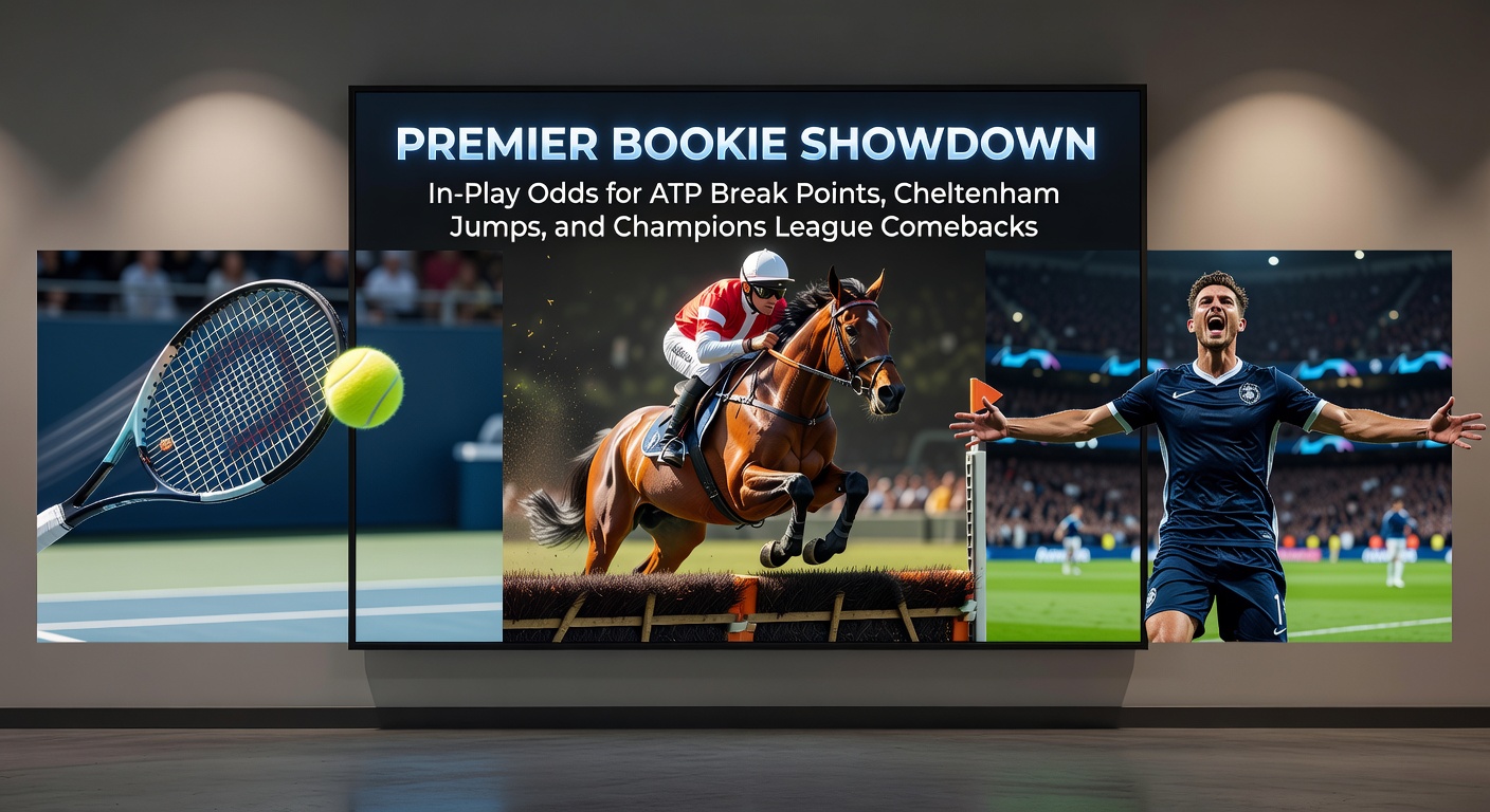 Tennis player serving during a crucial ATP break point moment, with overlaid in-play odds fluctuating dramatically on screen