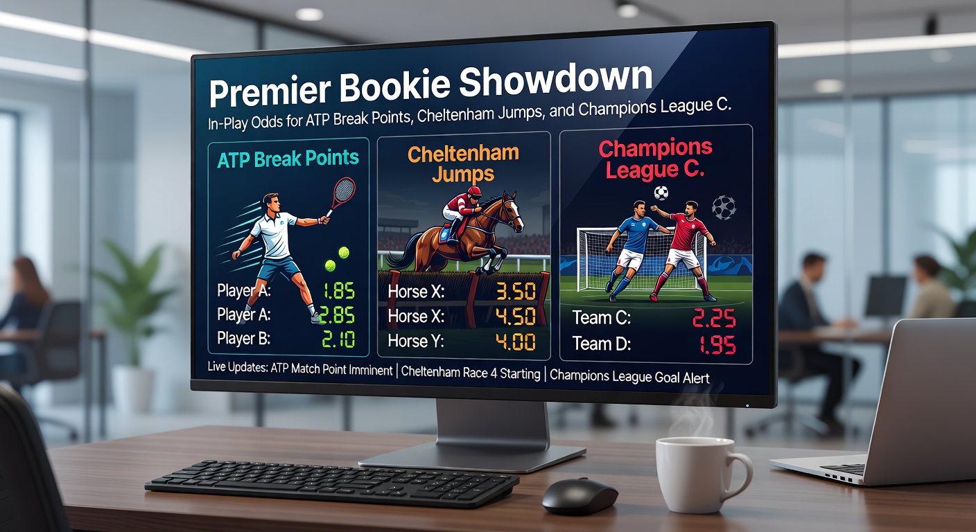 Dramatic Cheltenham jumps race with horses mid-air over a fence, in-play odds ticker showing live fluctuations