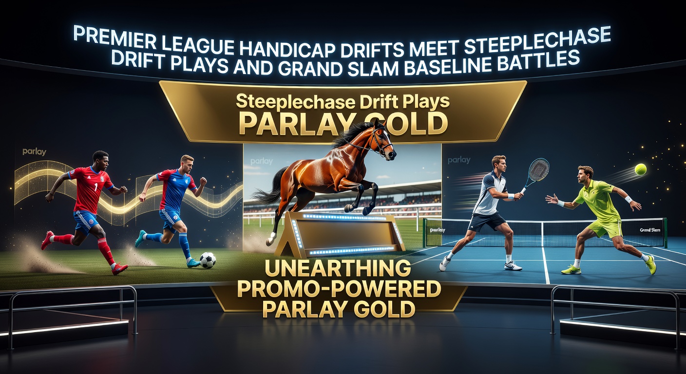 Dynamic scene of Premier League football pitch overlaid with drifting handicap odds, steeplechase horses jumping fences, and tennis baseline rally during a Grand Slam match