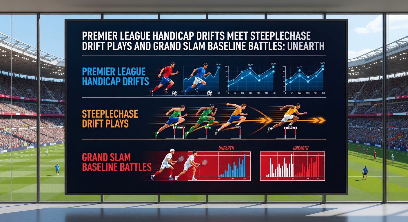 Steeplechase horse mid-jump over a fence with overlaid drifting odds screen, next to Premier League handicap chart and tennis baseline duel