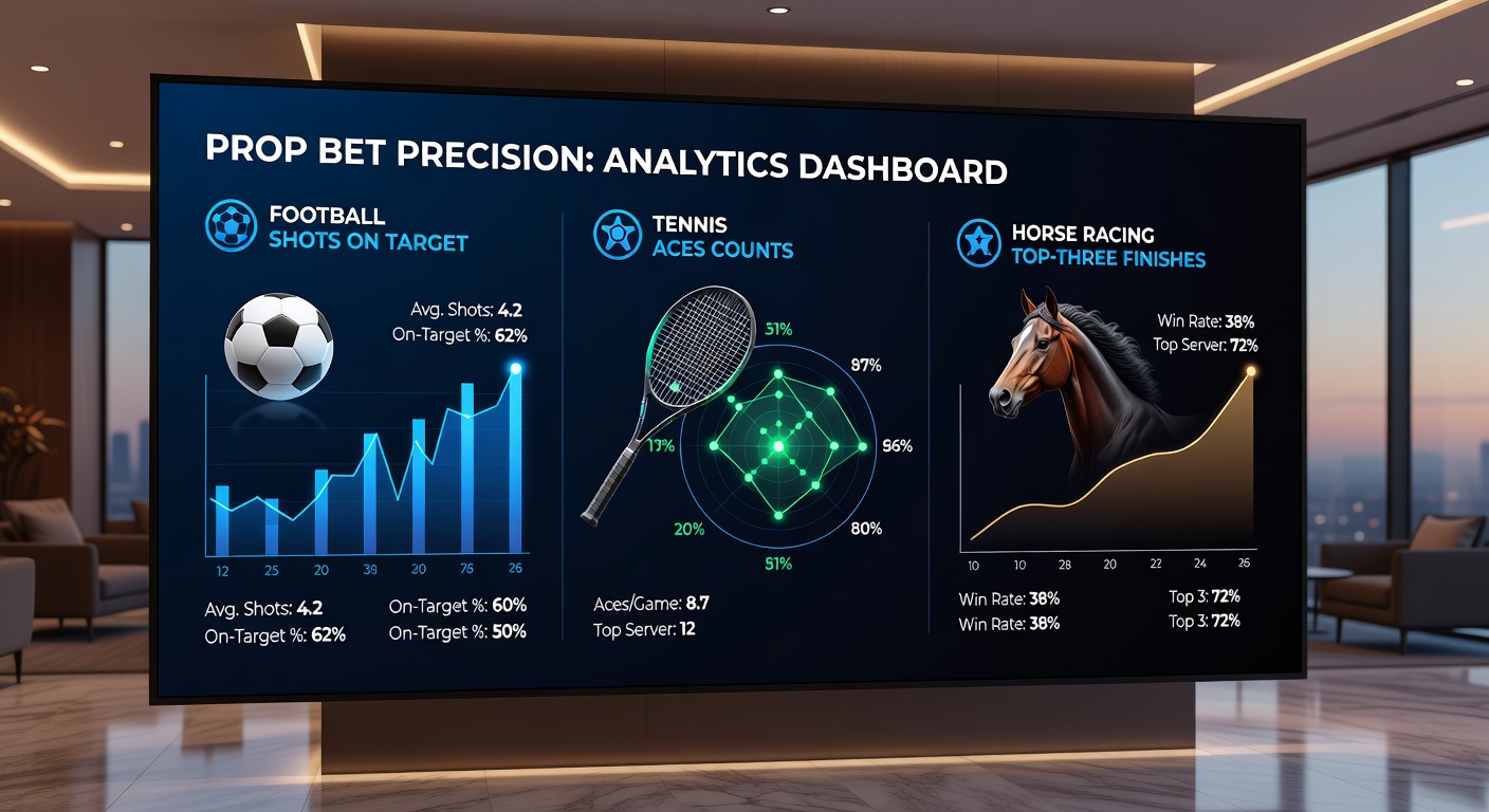 Close-up action shots of a tennis ace serve exploding off the line, a football curling into the net after a precise shot on target, and horses thundering toward a podium finish, capturing the thrill of prop bet precision