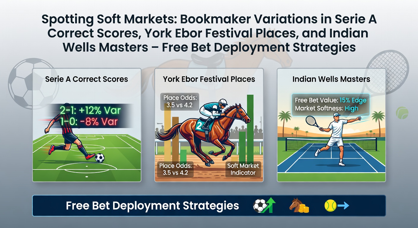 Bookmaker odds comparison chart highlighting variations in Serie A correct scores, York Ebor places, and Indian Wells tennis markets