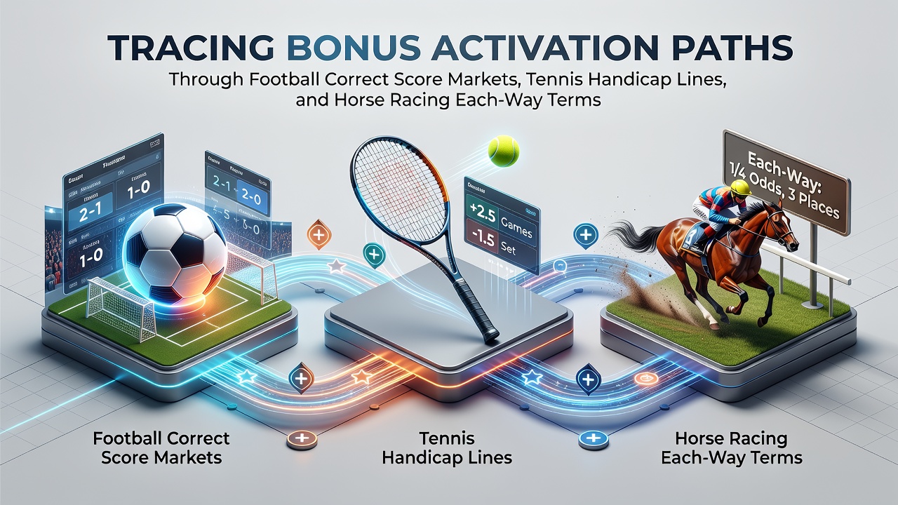 Diagram showing bonus activation flows across football correct score bets, tennis handicap markets, and horse racing each-way terms during June 2026 events