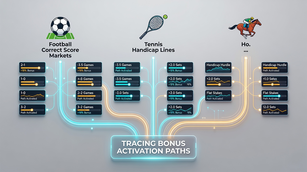 Illustration of tennis handicap lines intersecting with horse racing each-way terms in bonus tracking systems