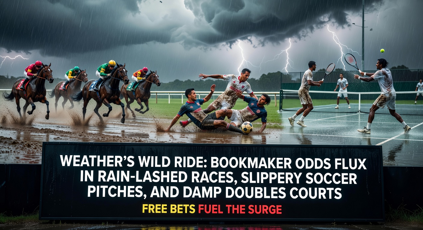 Horses charging through heavy mud in a downpour, water spraying from hooves as odds boards flicker in the background