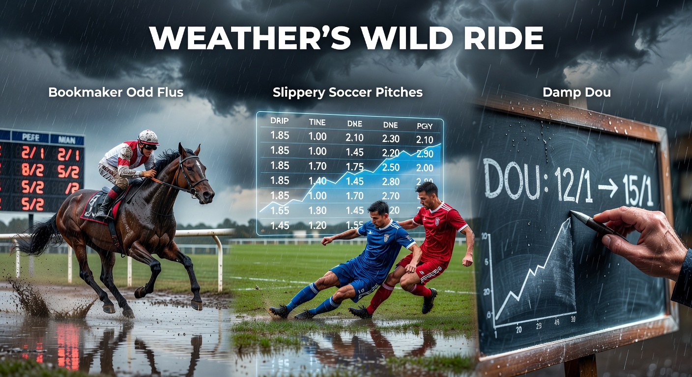 Tennis doubles players sliding on a wet clay court during a rain delay, with bookmaker apps showing shifting odds